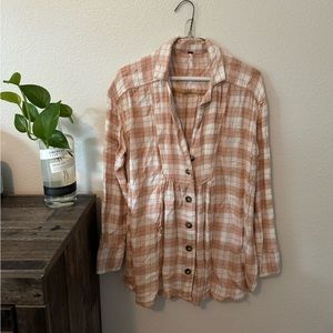Free People Peach Pink Plaid Wool Flannel Shirt Dress / Tunic Top